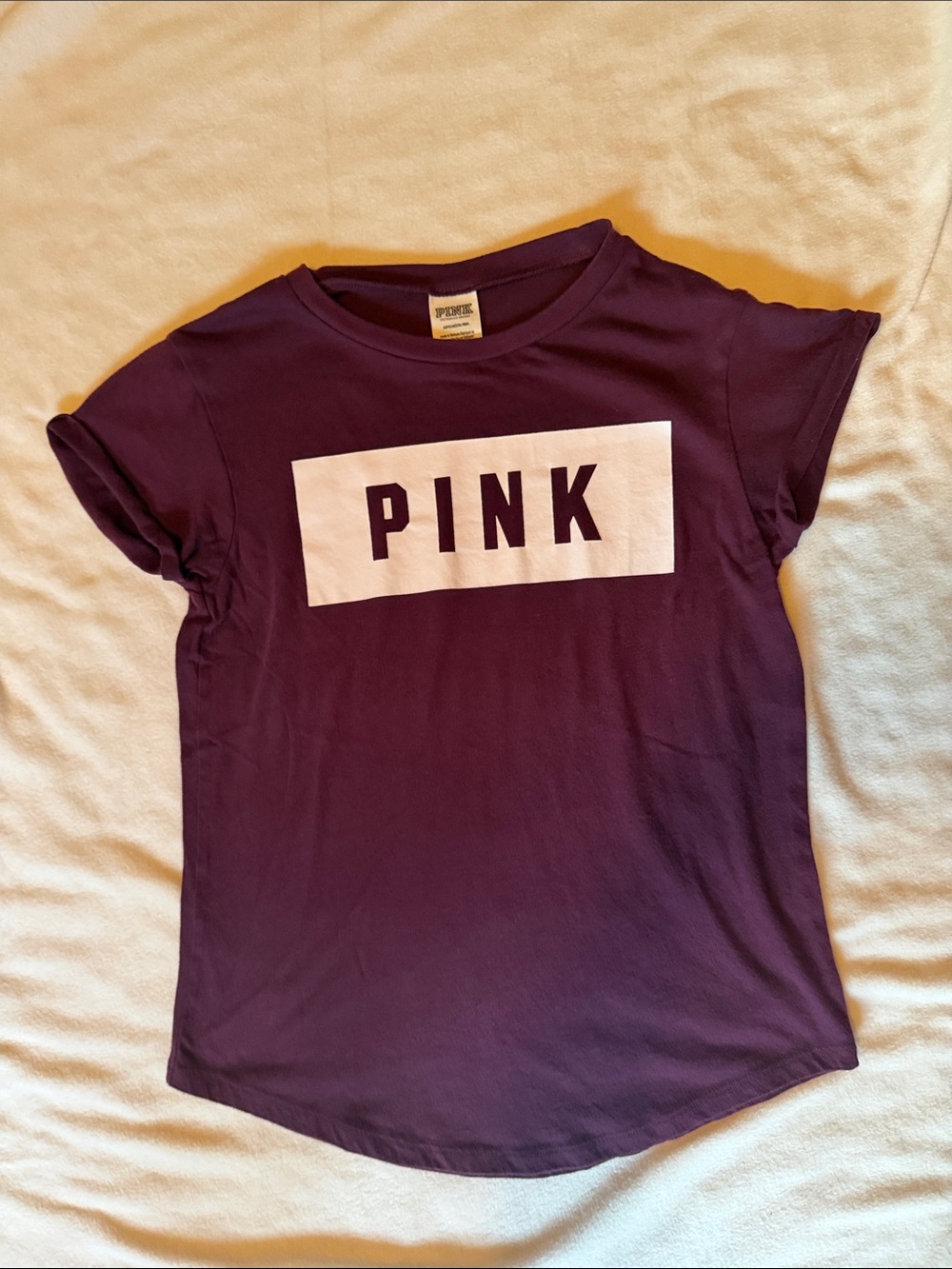 PINK Victoria's Secret Purple Tee with White Logo Panel and rolled sleeves